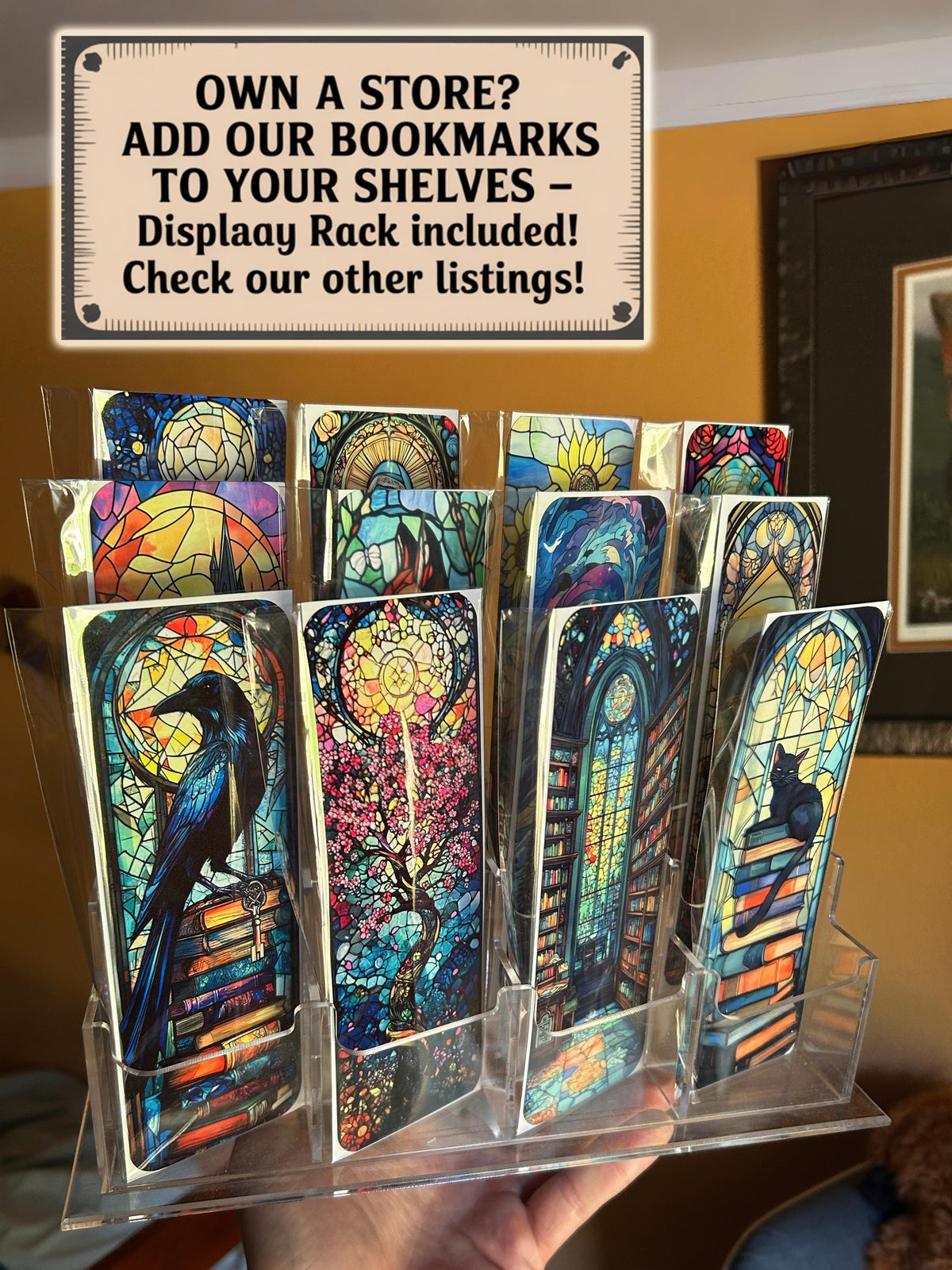 Gothic raven bookmark with stained glass arch, sunset skies and vintage pedestal, dark fantasy bird art for moody readers